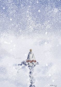 a bird flying through the air with snow falling on it's back and wings