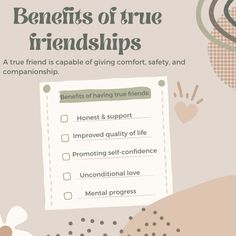 the benefits of true friends info sheet is shown in this graphic above it's image