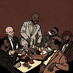 a group of men sitting around a table eating food