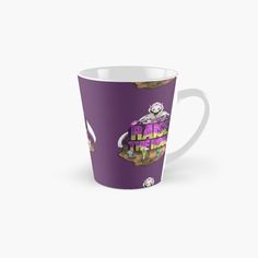 a tall purple mug with the words black sheep on it and an image of a cow in