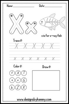 the letter x worksheet for children to learn how to write and draw it