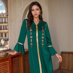 Lasaky - Gorgeous Long Sleeve Dress with Open Front Panel and Flared Hem Green Long Sleeve Festive Dress, Green Holiday Dress For Fall, Green Holiday Dresses For Fall, Green Long Sleeve Dress For Eid, Green Long Sleeve Dress For Holiday, Holiday Green Long Sleeve Dresses, Abaya Dresses, Long Flowy Dress, Kaftan Dresses