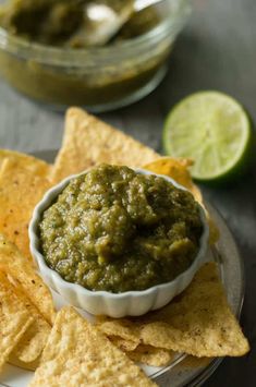 guacamole and tortilla chips on a plate