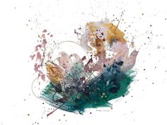 an abstract painting of flowers with watercolors on white paper and ink splatters