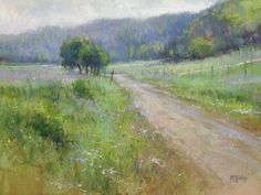 an oil painting of a dirt road in the middle of a field with trees and grass