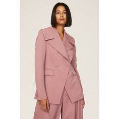 Pink gabardine (98% Virgin Wool, 2% Elastane). Blazer. Long sleeves. Collar. Front button closure. 27.5" from shoulder to hemline. Imported. Tailored Outerwear With Structured Shoulders For Formal Occasions, Tailored Outerwear With Structured Shoulders For Formal Events, Spring Formal Outerwear With Structured Shoulders, Structured Fall Blazer Dress For Career, Semi-formal Outerwear With Structured Shoulders, Tailored Outerwear With Structured Shoulders For Fall, Semi-formal Long Sleeve Outerwear With Structured Shoulders, Spring Semi-formal Outerwear With Structured Shoulders, Classic Outerwear With Structured Shoulders