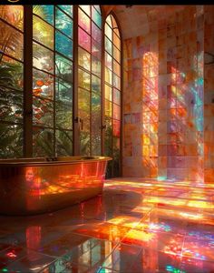 a bath tub sitting in the middle of a tiled floor next to tall glass windows