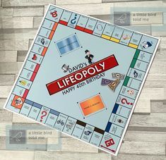 a monopoly board game sitting on top of a wooden floor with the words lifeopy printed on it