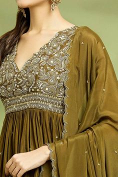 Olive brown padded peplum top with zardosi, mirror, zari, sequins, pearls and aari embroidery. Comes with bell bottom and a dupatta. - Aza Fashions V Neck Peplum Top, Fancy Suits, Fancy Suit, Women Kurta, Aari Embroidery, Embroidered Tunic, Bell Bottom, Embroidered Silk, Set For Women