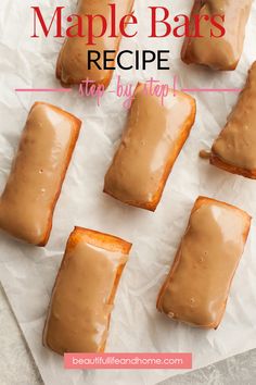 homemade maple bars with peanut butter frosting on parchment paper and text overlay that says maple bars recipe