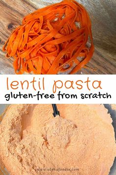 a bowl filled with carrots next to a pile of powdered pasta on top of a wooden table