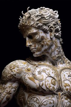 a white statue with gold designs on it's face and chest, in front of a black background