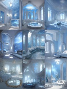 this is a collage of photos with blue and white architecture