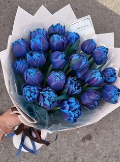 a bouquet of blue tulips in someone's hand on the street,