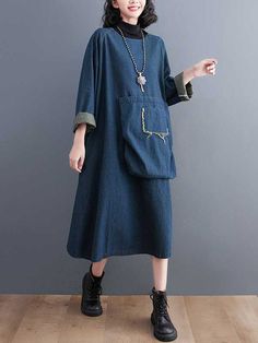 Sku CY-!125365 Material < 30% Polyester , Denim , >70%Cotton Style Loose , A-line , Long Sleeves Feature Pockets , Fringed , Split-joint Neckline Round-neck Occasion Vintage , Leisure Fashion Seasons Spring , Autumn Type Midi Dresses Color BLUE Size M,L,XL,2XL Please consult the size chart we provide for this item's measurements to help you decide which size to buy.Please note: There may be 1-3cm differ due to manual measurement. CMINCH Bust Raglan Sleeve Length Sleeve Opening M 132 62 110 32 L Non-stretch Blue Denim Dress For Fall, Indigo Long Sleeve Denim Dress With Pockets, Winter Blue Cotton Denim Dress, Blue Denim Winter Dress, Blue Denim Dress For Winter, Indigo Long Sleeve Dress With Pockets, Denim Blue V-neck Dress For Fall, Denim Blue Long Sleeve Denim Dress For Winter, Long Sleeve Denim Blue Denim Dress For Winter