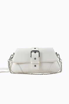 Peta And Jain Maddy Buckle Shoulder Bag Chain White by Selfie Leslie Clutch Shoulder Bag With Silver-tone Hardware, Silver-tone Crossbody Shoulder Bag, White Shoulder Bag With Metal Hardware, Trendy White Shoulder Bag With Metal Hardware, Everyday Crossbody Baguette Bag With Chain Strap, Travel Crossbody Baguette Bag With Chain Strap, Crossbody Baguette Bag With Silver-tone Hardware For Daily Use, Crossbody Baguette Bag With Detachable Strap, Detachable Strap Crossbody Baguette Bag