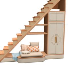 a set of stairs leading up to a bed in front of a couch with pillows on it