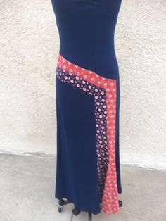 80's Long, dark blue, knit, halter dress with empire waist, ruched bodice and geometric design in red calico running the full length of the skirt 60’s Mod, Hostess Dresses, Halter Maxi, Ruched Bodice, Halter Maxi Dresses, Linen Maxi Dress, Beaded Trim, Sleeveless Maxi Dress, Flower Child