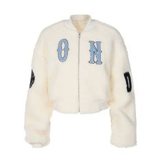 Hooded Outerwear With Letter Embroidery For Winter, Oversized Long Sleeve Varsity Jacket For Winter, Winter White Outerwear With Letter Embroidery, White Letter Embroidery Outerwear For Winter, Fall Outerwear With Letter Embroidery, Winter Long Sleeve Outerwear With Letter Embroidery, Winter Outerwear With Letter Embroidery And Long Sleeves, White Varsity Jacket With Stand Collar For Fall, White Stand Collar Outerwear For College