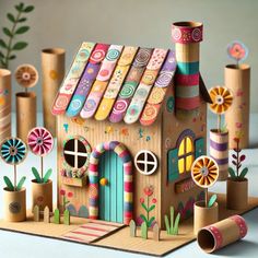 a cardboard house made to look like it is decorated with colorful paper flowers and plants