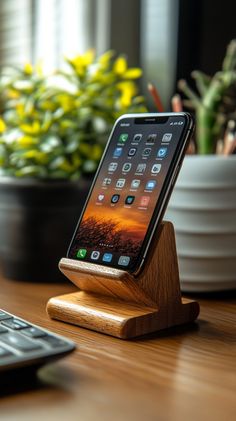 an iphone is sitting on a wooden stand next to a keyboard and flower pot with yellow flowers in the background