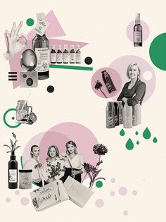 a collage of women holding bottles and flowers