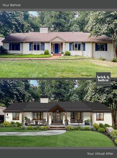 before and after photos of a house in the middle of a green yard with trees