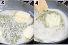 two pictures showing how to make butter in a frying pan