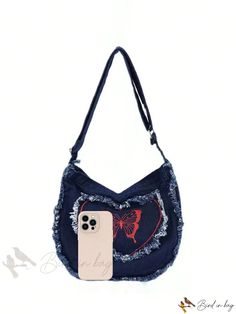 Bird in Bag - Womens Casual Denim Shoulder Bag Backpack for Students Large Capacity Denim Bags For Back To School, Trendy Denim Blue Bags For Back To School, Trendy Denim Blue Back To School Bag, Trendy Denim Bags For Back To School, Denim Bags For Everyday Use And Back To School, Denim Shoulder Bag, Denim Shoulder Bags, Embroidery Bags, Womens Casual