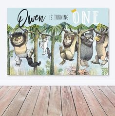 there are three animals hanging on the trees together, and one is saying queen is turning one