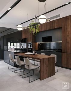 a modern kitchen with wooden cabinets and white chairs