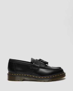 ADRIAN YELLOW STITCH LEATHER TASSEL LOAFERS | Dr. Martens Official How To Style Loafers, Loafer Outfits, Yellow Stitch, Style Loafers, Loafers Outfit, Black Dr Martens, Prada Spring, 2020 Runway, Tassel Loafers