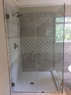 a walk in shower sitting next to a window