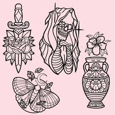 three vases with flowers and skulls on them, one is holding a flower pot