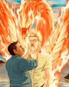 two men are facing each other and one is holding an orange fire bird in his hand