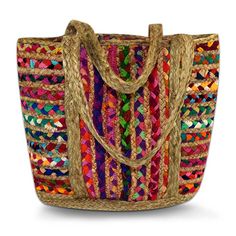 Rainbow Tote - Generous Intentions-Birdhouse Rope Bowls, Cultural Crafts, Eco Friendly Bags, Boho Bags, Indian Textiles, Sari Fabric, Chic Accessories, Natural Jute, Women Artisans