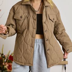 Taupe Quilred Jacket Perfect For The Slopes Or Everyday Casual Long Sleeve Khaki Quilted Jacket, Winter Khaki Quilted Jacket, Brown Long Sleeve Quilted Jacket With Pockets, Brown Fleece-lined Outerwear For Outdoor, Nylon Quilted Jacket With Double-lined Hood, Snow Jacket, Quilted Jacket, Jackets For Women, Jackets & Coats