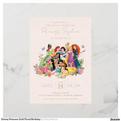 the princess birthday party is on display in front of a white marble background with an image of disney characters