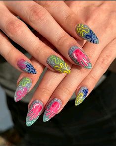 Nails Spongebob, Spongebob Nail Art, Jellyfish Fields, Spongebob Jellyfish, Spongebob Nails, Summery Nails, Cute Acrylic Nail Designs, Animal Nails, Clear Nails