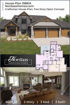 two story house plan with 3 beds and 2 baths in the front, an open concept living