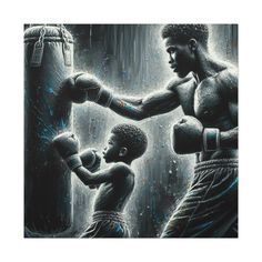 a painting of two men boxing in the rain, one is punching another man's hand