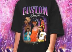 Custom Y2K T-Shirt (Unisex)  - 90s, 00s and Y2K is here.  Want your own custom Y2K/90s tee with your choice of celebrity / person / pet in the style of the above? The perfect gift for Christmas.  You select the person, the photos and the colour and we'll design it and mock it up for your approval.  Steps:  -Order the Custom T-Shirt  -Send us a message us attaching your choice of photos and specifying: 1. main big name 2. smaller handwritten name 3. background colour  Sit back, relax, while we de Y2k T Shirt, 00s Fashion, 90s Tees, Shirt Y2k, Retro Tshirt, Y2k 90s, Custom Photo, Custom Tshirts, Wellness Design