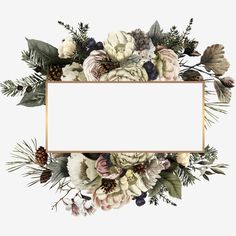 an arrangement of flowers and greenery with a gold frame on a white background for text