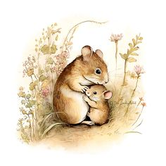 a drawing of a mouse and its baby sitting in the grass with flowers around it