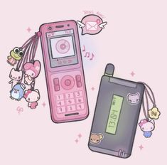 an old cell phone is being held up by a keychain with little bears hanging from it