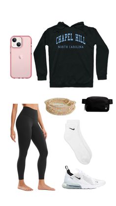 a black hoodie, leggings and phone case with the words chapel hill on it