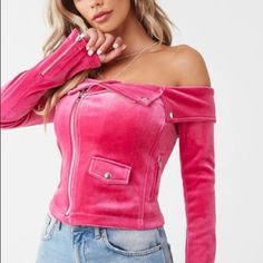 Super Cute Hot Pink Off The Shoulder Moto Jacket . Has Stretch. Same As Pictured Above Brand New With Tag Pink Winter Biker Jacket For Party, Pink Winter Party Biker Jacket, Fitted Casual Biker Jacket For Party, New York Outfit, Studded Leather Jacket, Cropped Blazer Jacket, Green Utility Jacket, Studded Jacket, Crop Jean Jacket