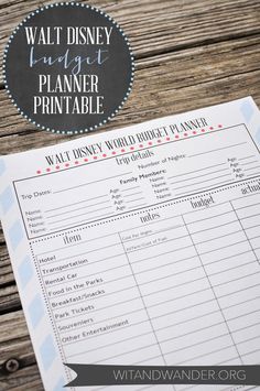 the walt world budget planner printable is on top of a wooden table with a blackboard