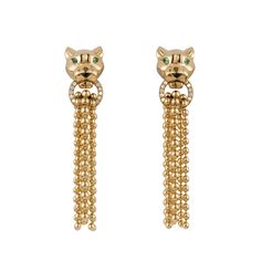 Panthère de Cartier pendant earrings, 18K yellow gold (750/1000), each set with 34 brilliant-cut diamonds totaling 0.1 carat, tsavorite garnet eyes, onyx. Length: 47.43 mm. Width of the pattern: 10.37 mm. Width of the pattern: 11 mm. Thickness of the pattern: 10.86 mm. Scope of Delivery: Comes with Box Ref. N8515072 SKU: CAR01436 Please don't hesitate to contact us for any additional details. Luxury Cartier Diamond Earrings, Elegant Cartier Diamond Earrings, Cartier Yellow Gold Jewelry For Evening, Luxury Cartier Yellow Gold Earrings, Cartier Yellow Gold Formal Earrings, Luxury Cartier Formal Earrings, Elegant Cartier Earrings For Gifting, Elegant Cartier Earrings For Gift, Luxury Cartier Earrings