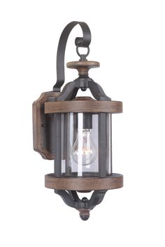 an outdoor light with a wooden frame and clear glass on the front, against a white background